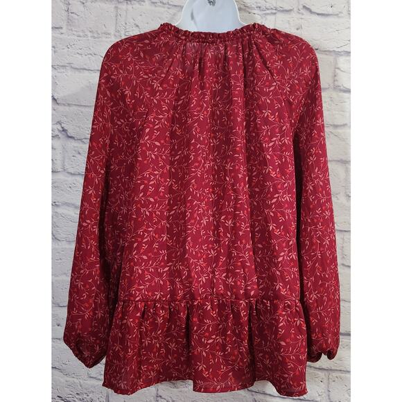 Old Navy Burgundy Floral Print Ruffled Hem Top L Lightweight Soft Flowy Tie Neck - Picture 4 of 6